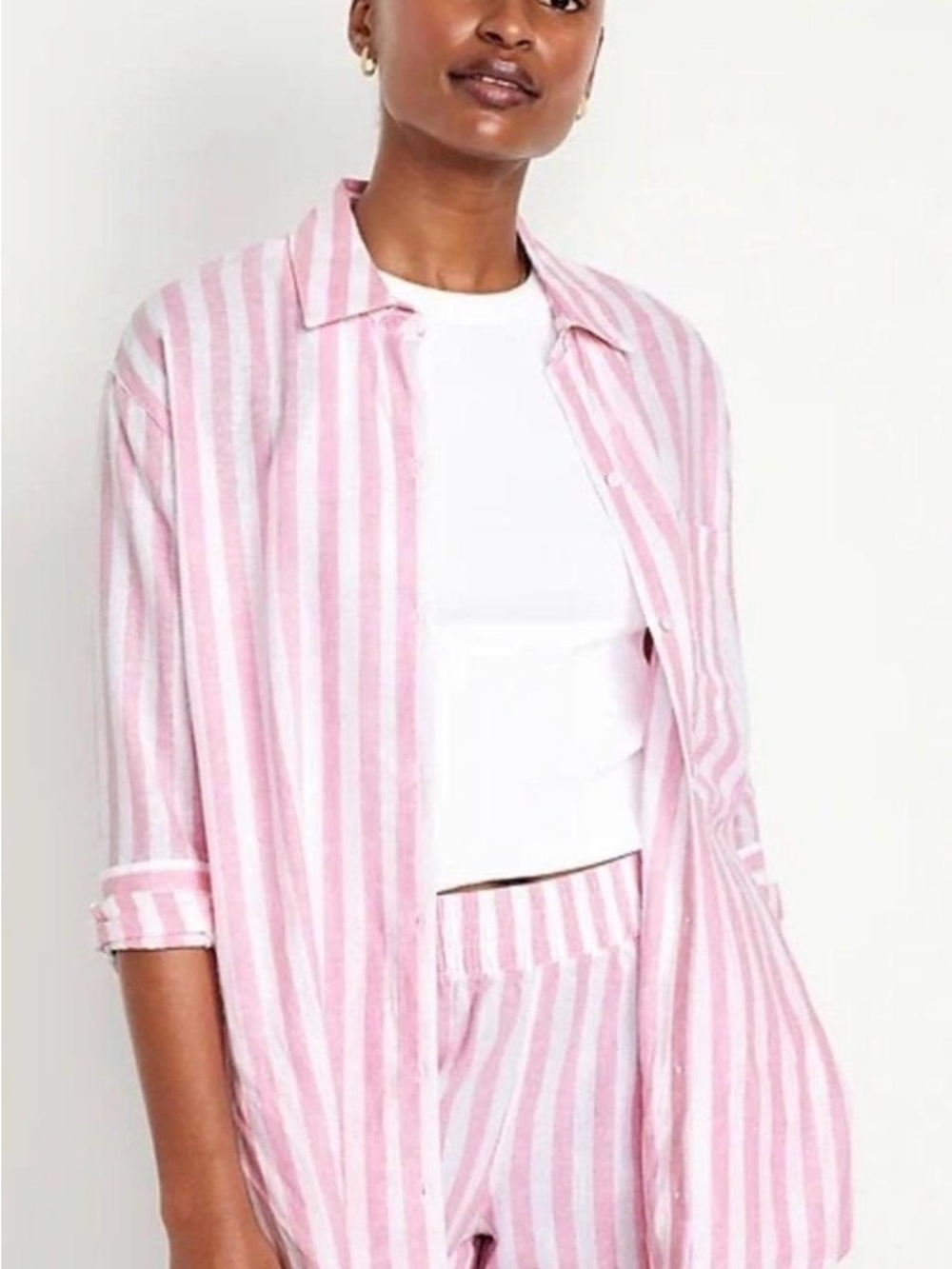 Old Navy Pink and White Linen Striped Boyfriend Button-Up